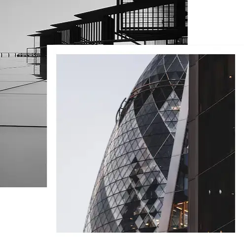 Collage of modern architectural designs, including a glass skyscraper and abstract renders.