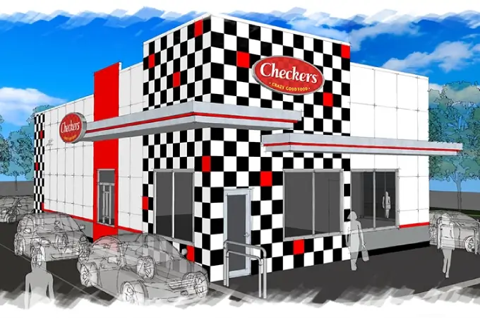 3D architectural render of a Checkers and Rally's restaurant